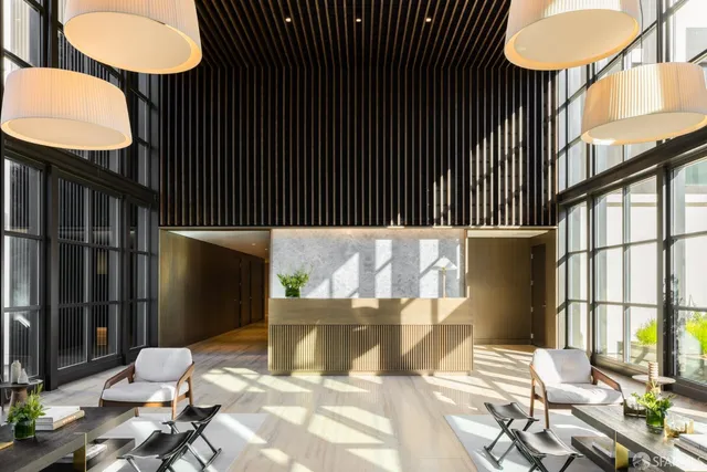 a view of a building from a patio