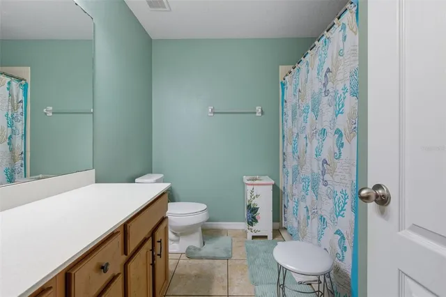a bathroom with a sink a toilet and shower curtain