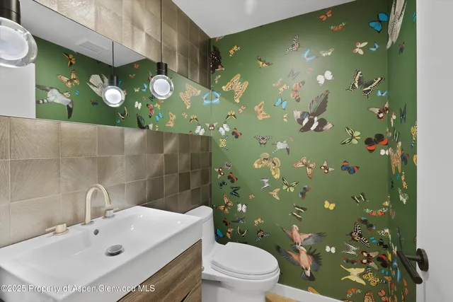 a bathroom with a sink mirror and toilet