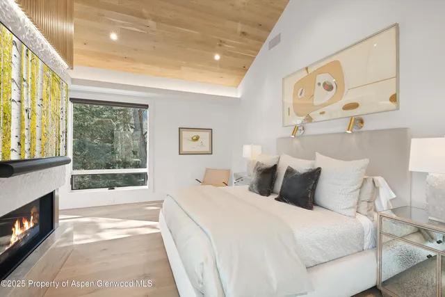 a bedroom with a bed and a fireplace