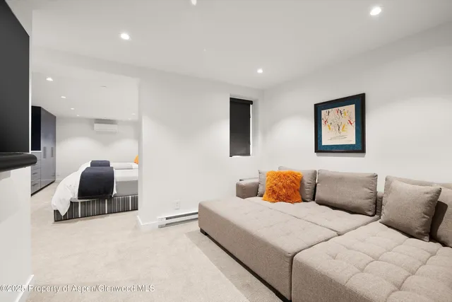 a bedroom with a bed and couch