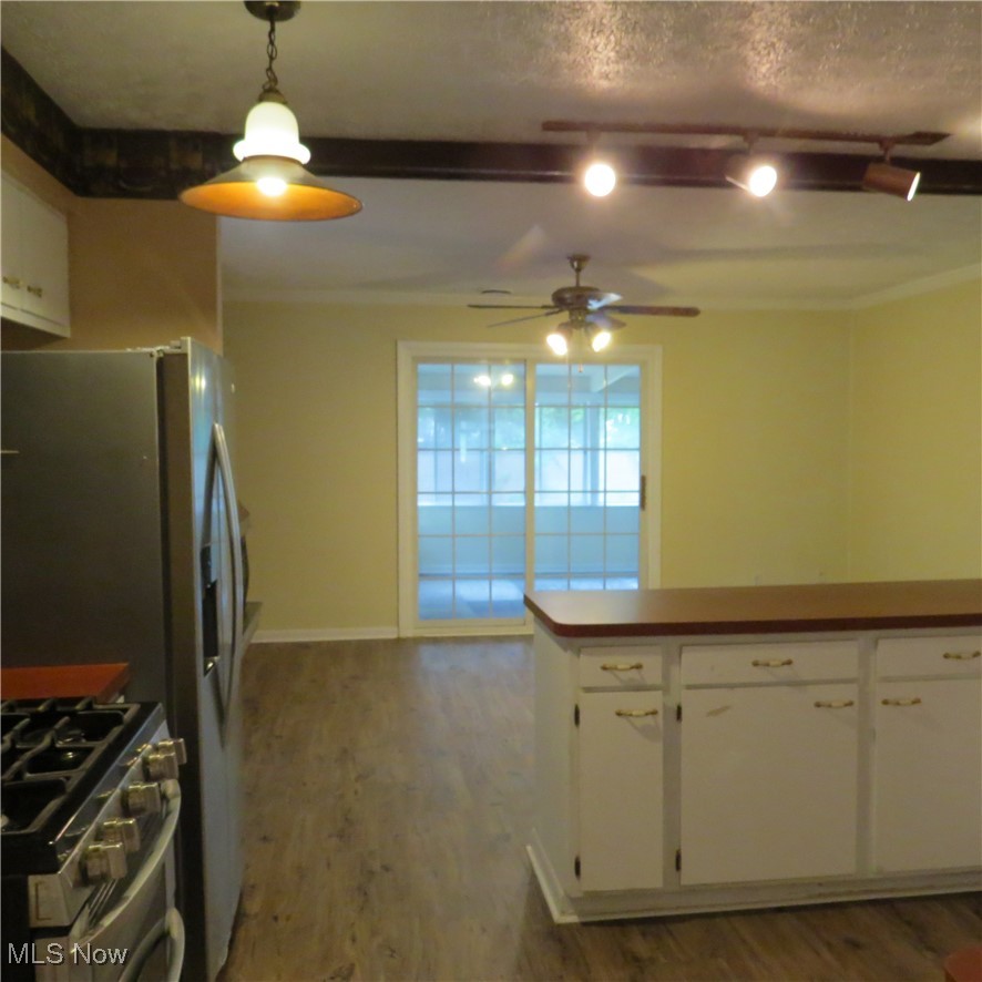 430 High Meadow Road Amherst, OH 44001 - Photo 7 of 29 Kitchen featuring white cabinets, hanging light fixtures, high end range, dark hardwood / wood-style flooring, and ceiling fan