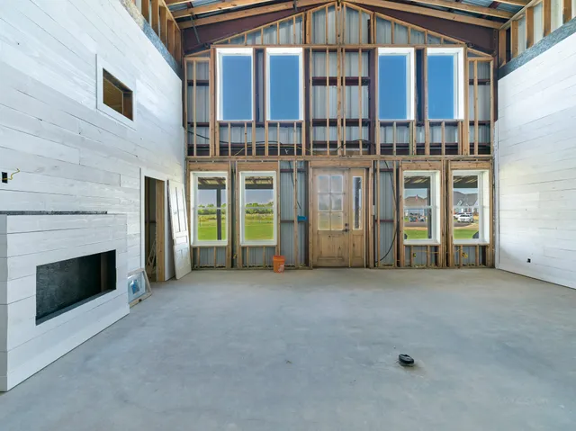 a living room with a fireplace