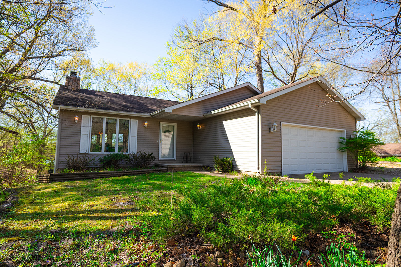 a view of a house with a yard and a large tree