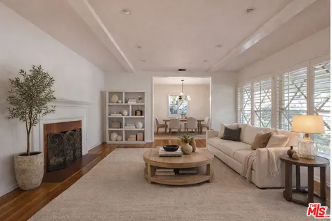 a living room with furniture a fireplace and a potted plant