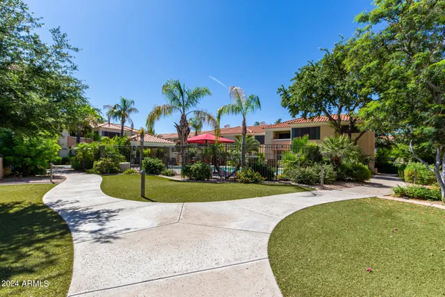 a view of a swimming pool with a yard and plants