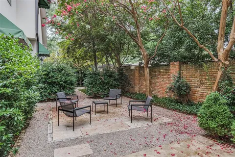 a couple of chairs sitting in a backyard with large trees