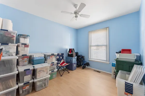 a workspace with furniture and a window