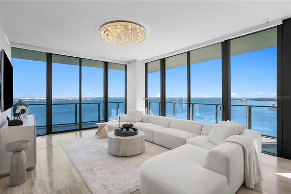 a living room with furniture and a large window