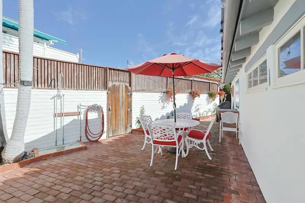 an outdoor space with furniture
