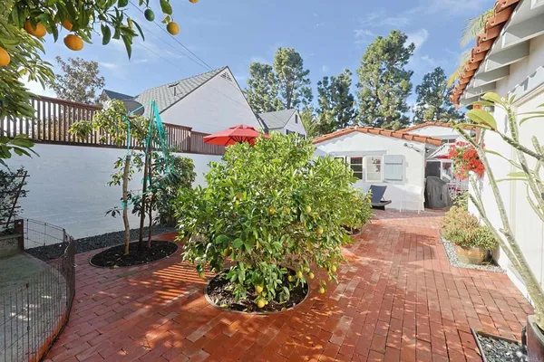 a front view of a house with a yard and potted plants
