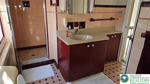 a bathroom with a sink a mirror and a shower