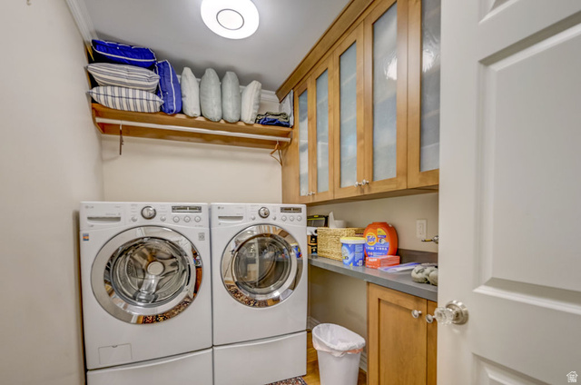 9699 Bypass Road, Unit 5 Alta, UT 84092 - Photo 4 of 54 Dedicated utility room featuring built-in cabinetry with frosted glass inserts, a built-in countertop, and an overhead storage shelf