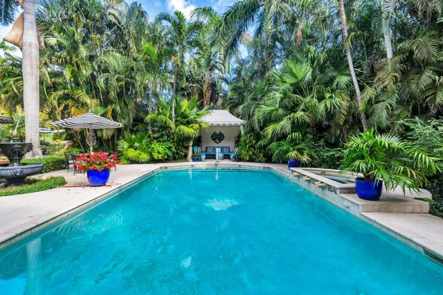 a view of a swimming pool with a table and chairs under an umbrella