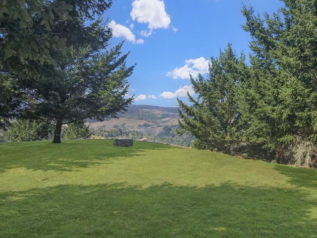 a view of a backyard with wooden fence
