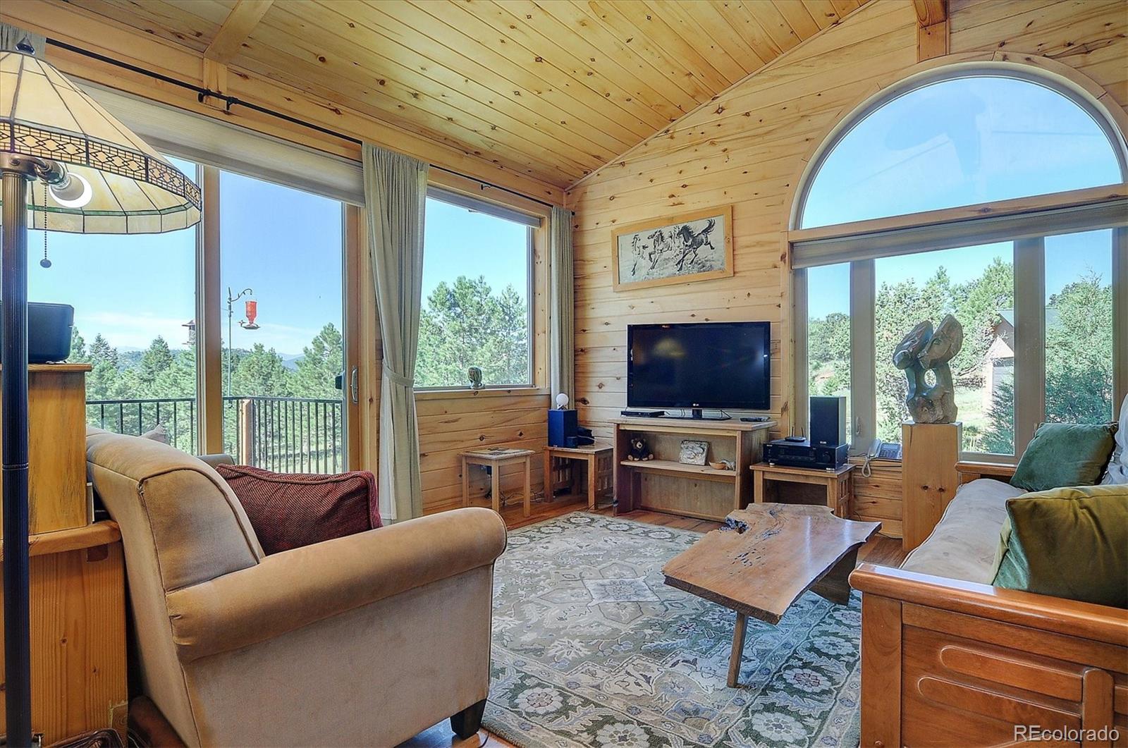 1111 Red Feather Road Cotopaxi, CO 81223 - Photo 13 of 37 a living room with furniture a flat screen tv and a floor to ceiling window