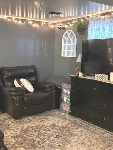 a living room with a couch and potted plant