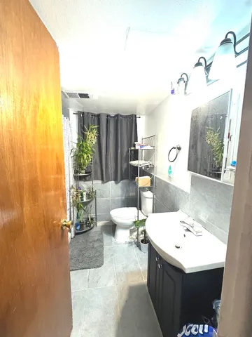 a bathroom with a sink mirror vanity and toilet
