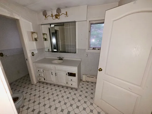 a bathroom with a sink a toilet and mirror
