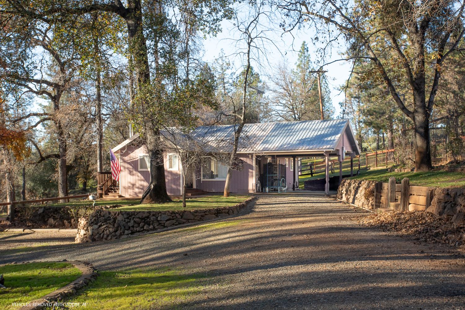 a view of a town with large trees
