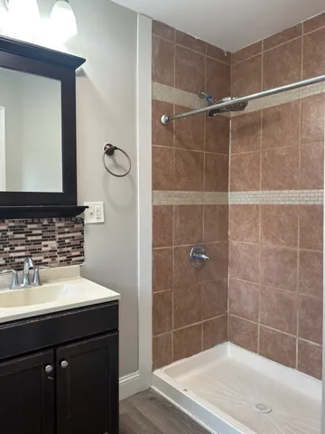 a bathroom with a sink mirror and shower
