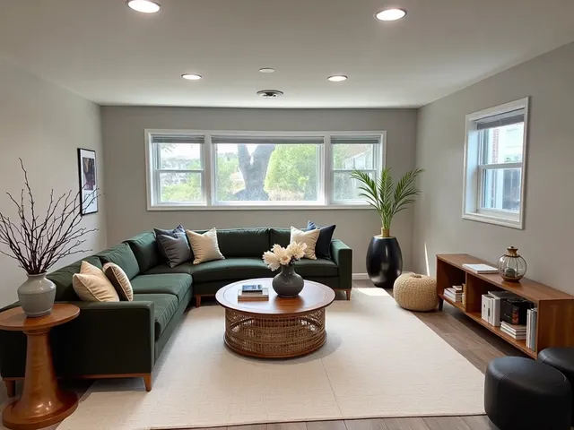 a living room with furniture and a potted plant