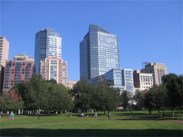 a view of a city with tall buildings and trees in the background