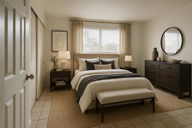 a bedroom with a bed a mirror on dresser and a window