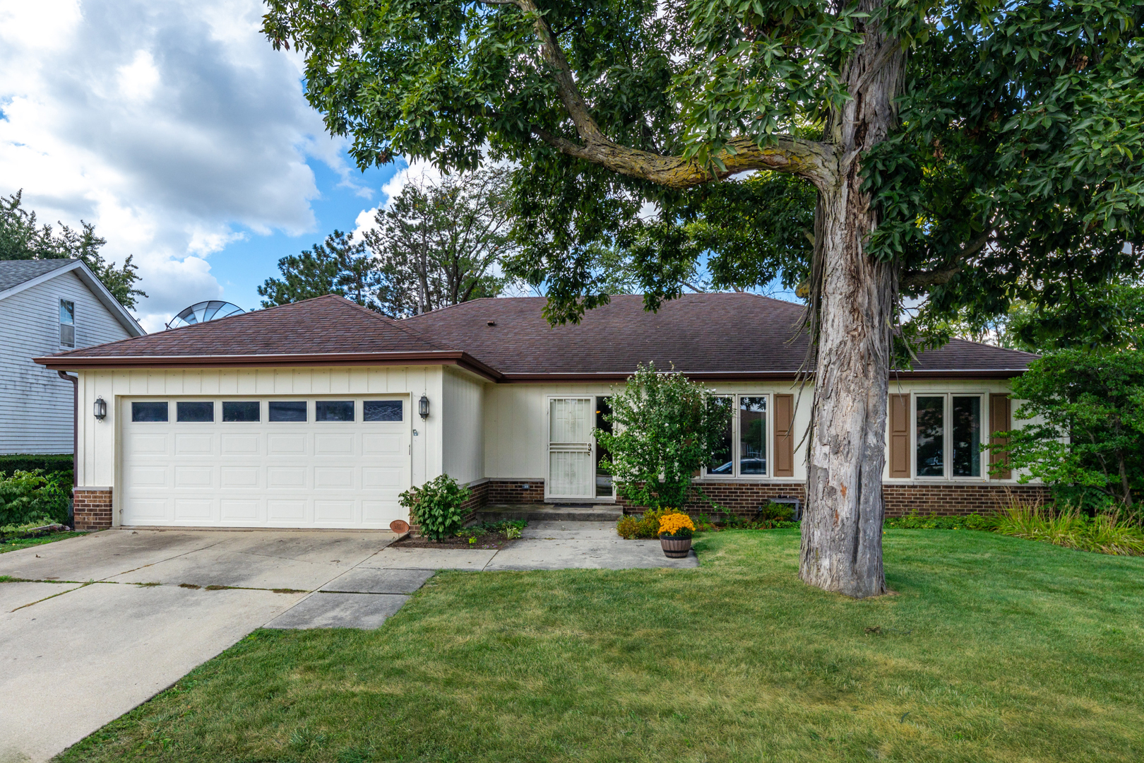 a front view of house with yard and green space
