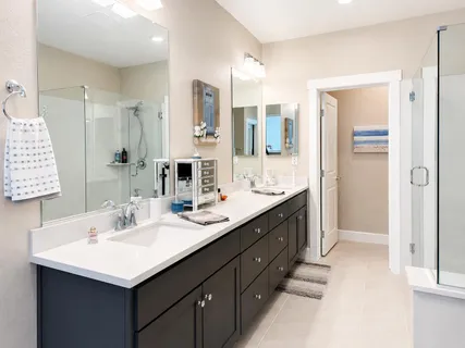 a bathroom with a sink double vanity and a mirror