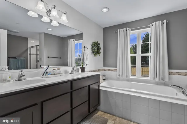a bathroom with a double vanity sink bathtub and next to a window