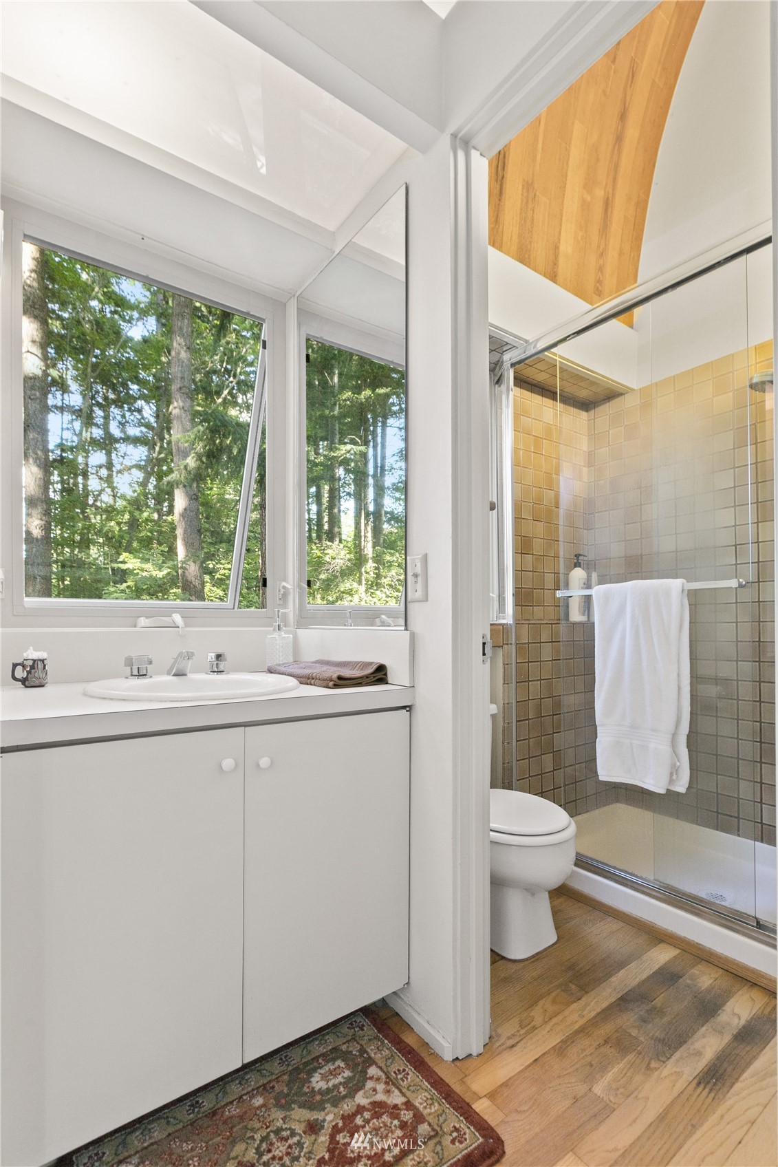 621 Willow Road Bellingham, WA 98225 - Photo 16 of 33 a bathroom with a sink toilet a mirror and next to a window