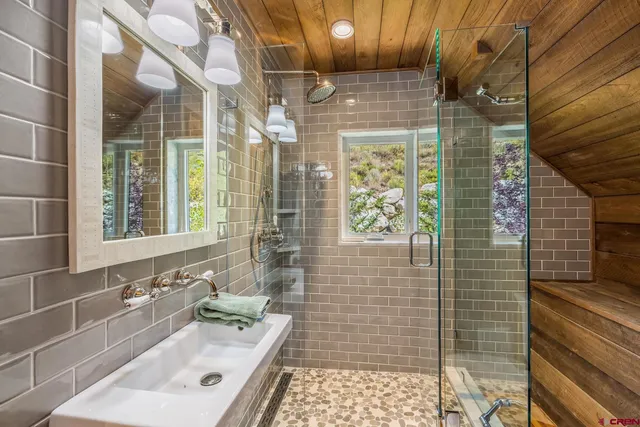 a bathroom with a sink and a shower