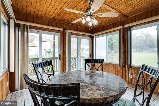 a view of a dining room with furniture window and outside view