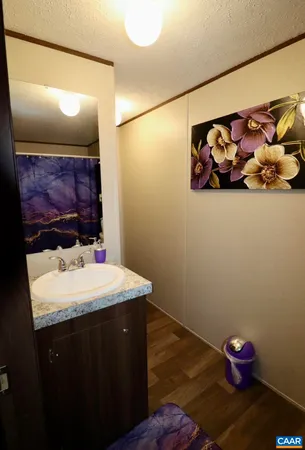 a bathroom with a sink mirror and vanity