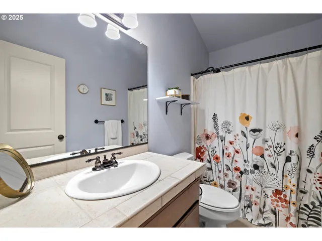 a bathroom with a sink vanity mirror and toilet