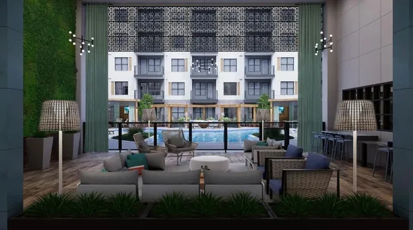 a outdoor living space with furniture and a fireplace