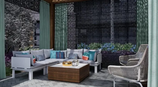 a outdoor living space with patio furniture and a fireplace