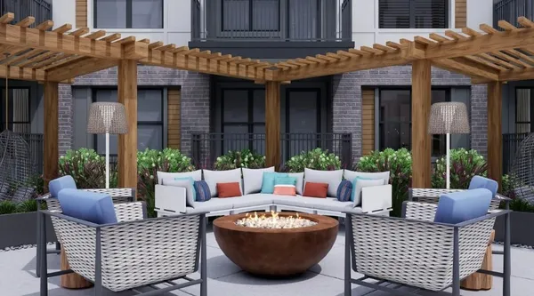 a view of the patio with outdoor seating space