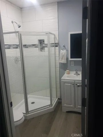 a bathroom with a shower a mirror and a sink