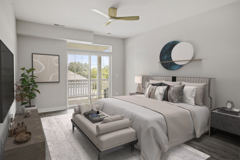 401 Haber Road, Unit 104 Cary, IL 60013 - Photo 4 of 6 a bedroom with bed and a chandelier