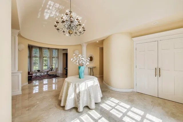 a view of a chandelier in a room
