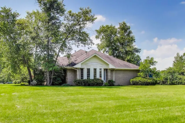a view of a field of grass and trees