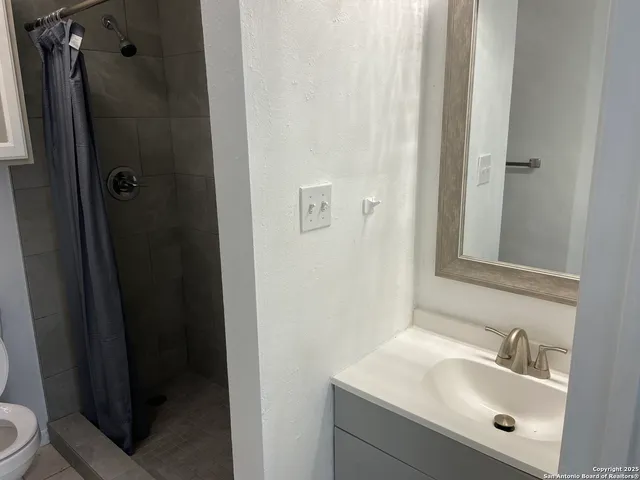 a bathroom with a sink a toilet and shower