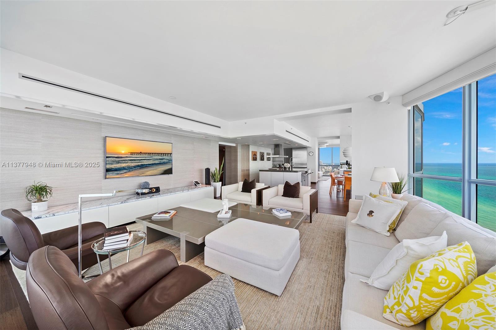 101 20th Street, Unit 3909 Miami Beach, FL 33139 - Photo 13 of 61 a living room with furniture a flat screen tv and a floor to ceiling window