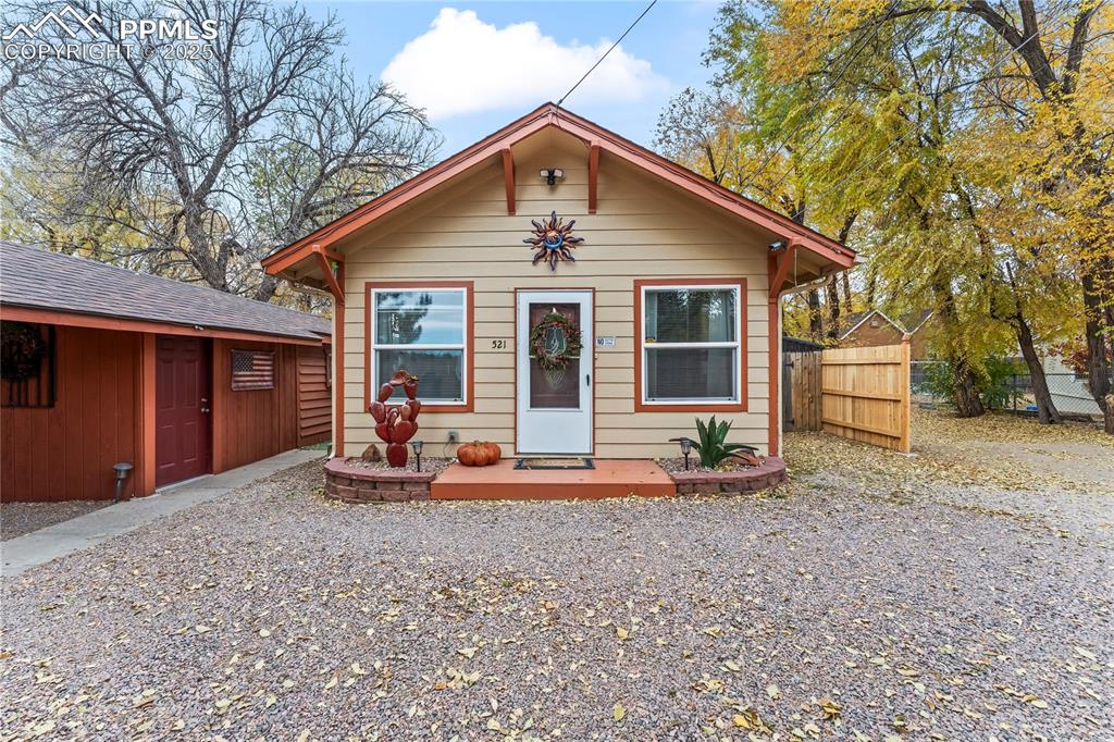 a front view of a house with a patio