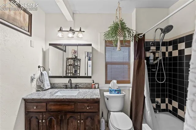 a bathroom with a granite countertop sink a toilet and shower