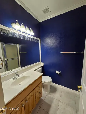 a bathroom with a sink vanity and a toilet