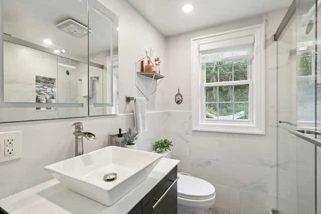 a bathroom with a sink a toilet and a mirror