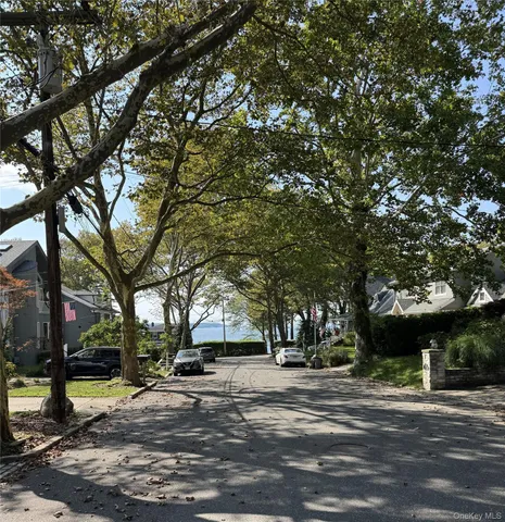 a view of a town with large trees